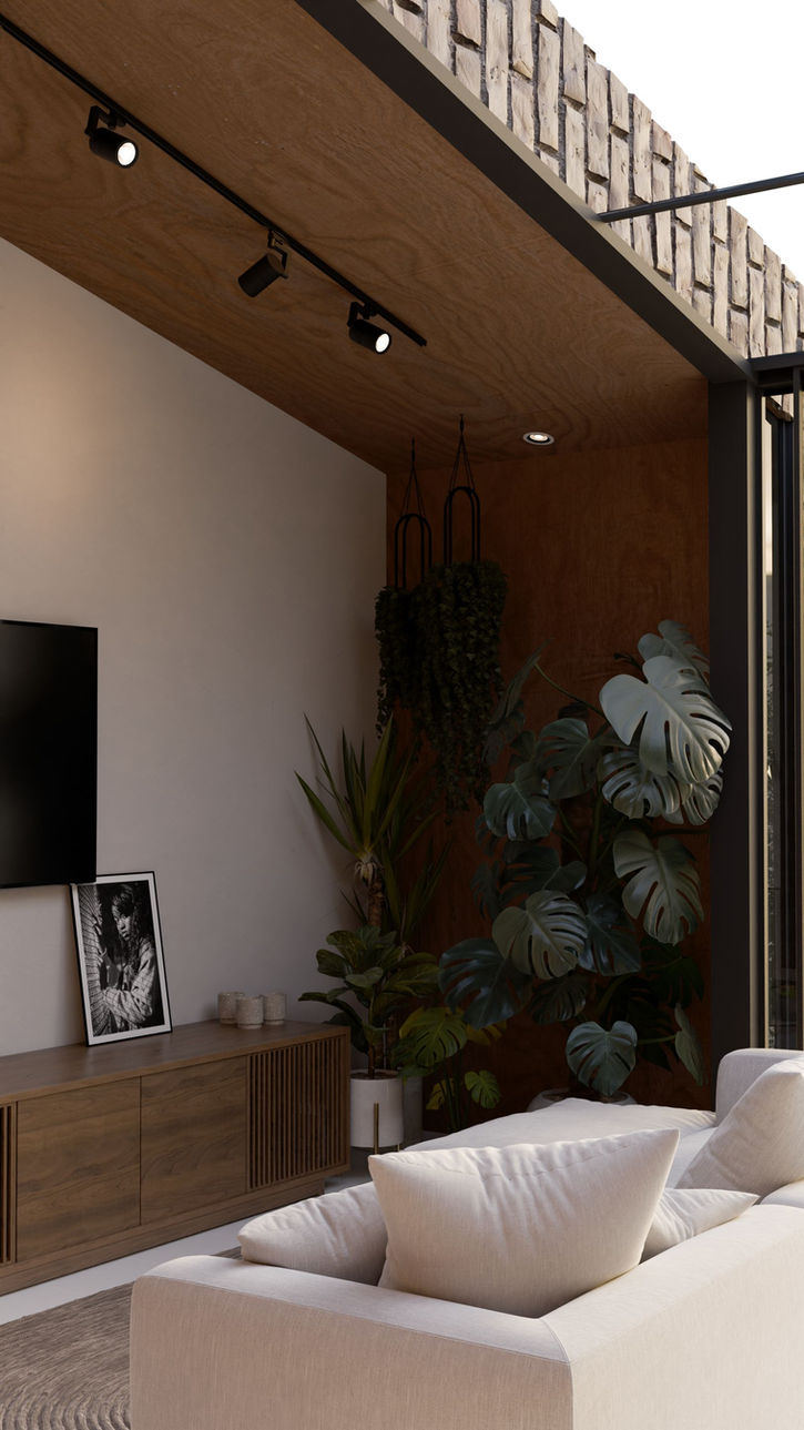 3D Interior Design Image - The image depicts a modern living room with a minimalist design. It features a white sofa, a wooden cabinet with a television, and several potted plants, adding a touch of greenery to the space. The room is lit by a combination of track lighting and ambient light coming from the window.