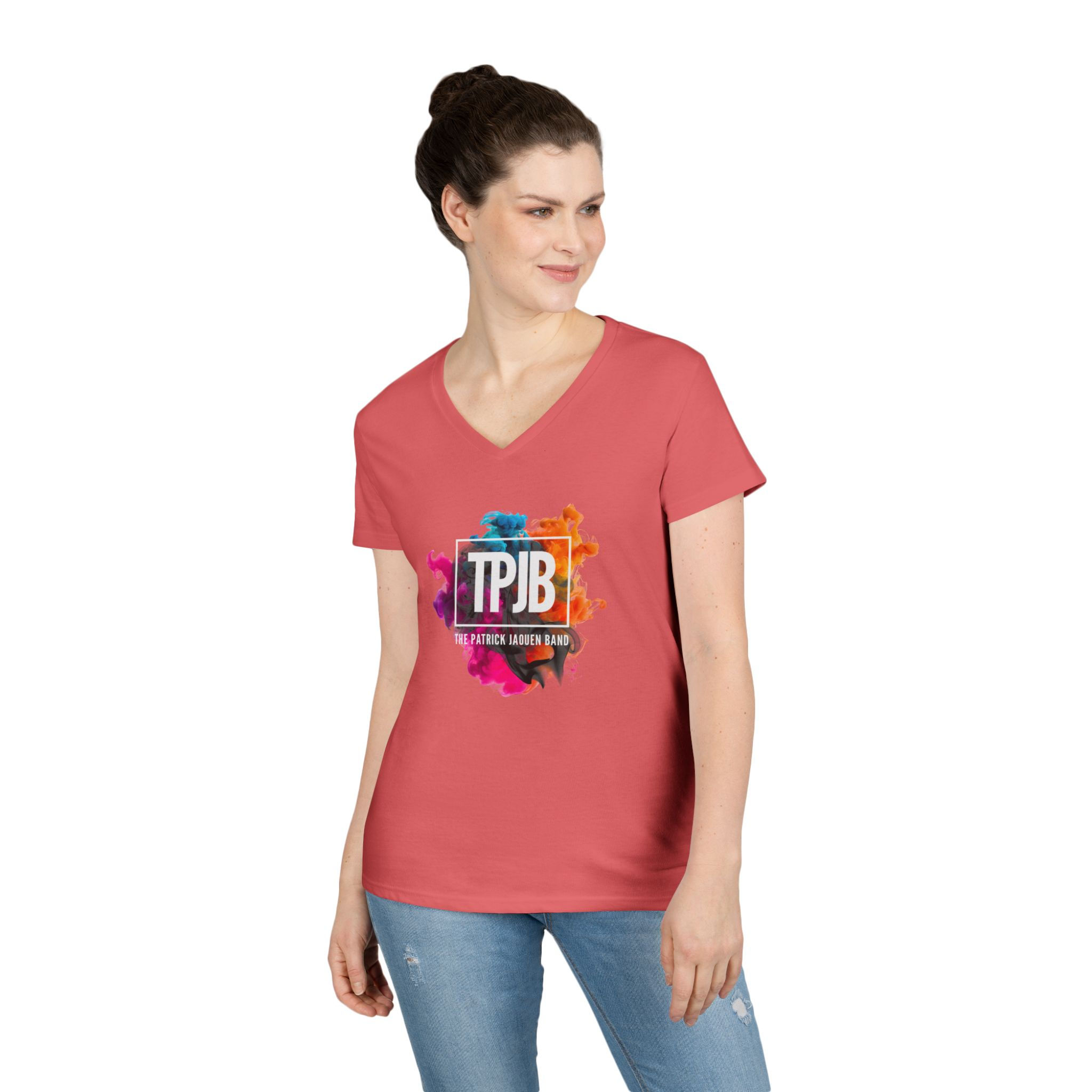 TPJB Ladies' V-Neck T-Shirt - Colorful Music Splash Design