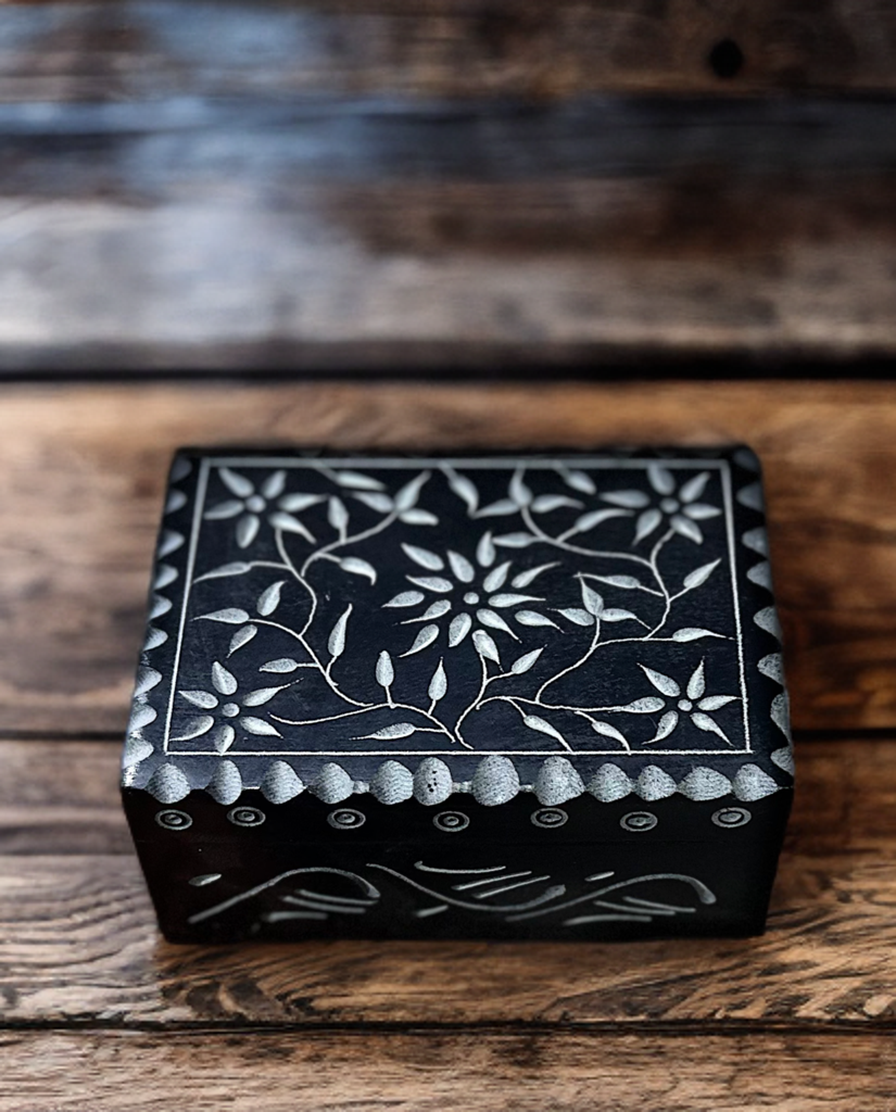 Black Marble Jewelry Box with Floral Inlay