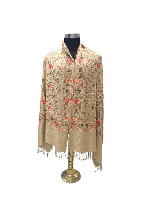 Elegant Beige Kashmiri  Shawl with Exquisite -Embroidered Floral Vin
