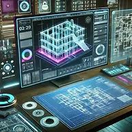 DALL·E 2024-10-16 08.50.36 - A futuristic scene showcasing construction blueprints on a hi