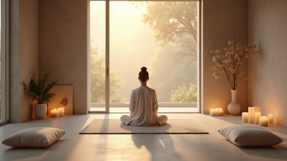 Eye-level view of a serene meditation space with calming elements