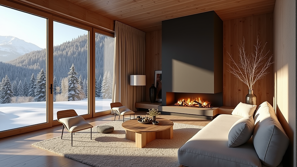 Intérieur luxueux d’un chalet de montagne avec cheminée et mobilier design