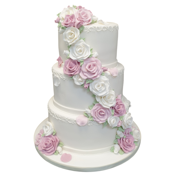 Three-tier wedding cake with pink and white sugar paste roses cascading elegantly.