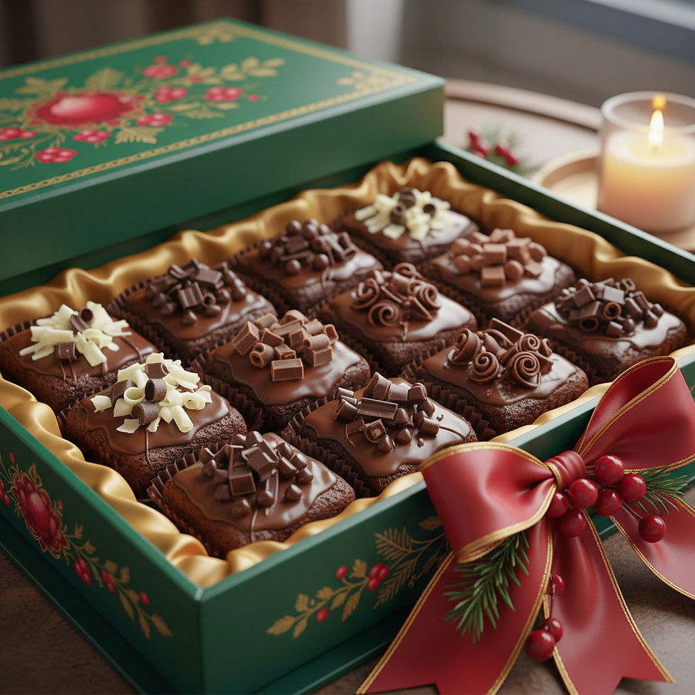 A luxury box of 12 chocolate fudge brownies.