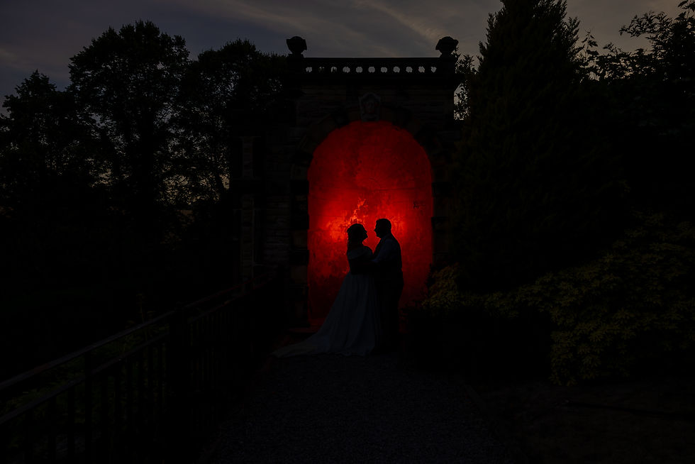silhouette image of a bride and groom with a red background