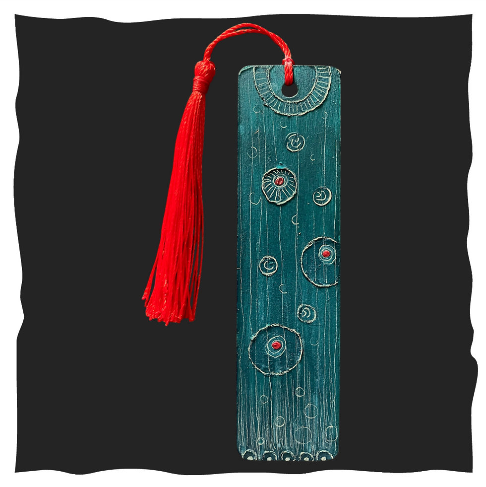 Lesezeichen blau handbemalt mit roter Quaste 