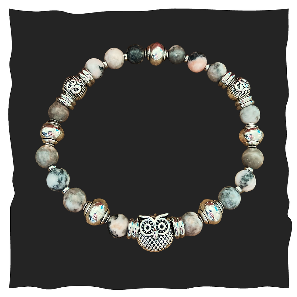Armband grau rose, mit silbernen Eule 