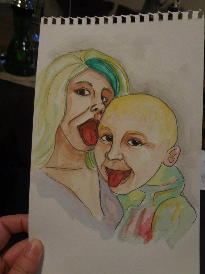 Mother and child in color pencil and watercolor
