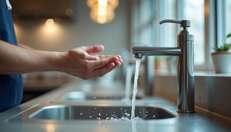 Eye-level view of a restaurant kitchen sink with soap and running water