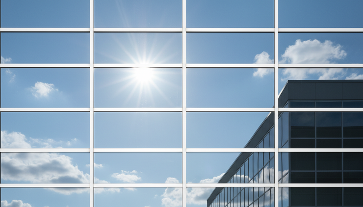 Close-up view of sunlight hitting commercial glass with a subtle reflective film surface.