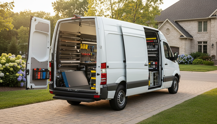 Wide-angle view of a mobile tint van parked beside a quiet residential driveway.