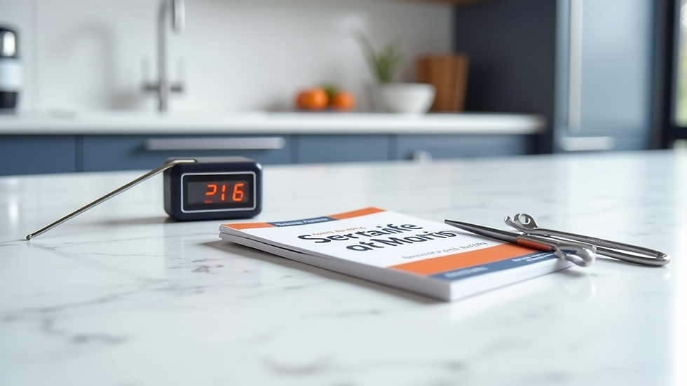 Food Manager Certification book with kitchen thermometer