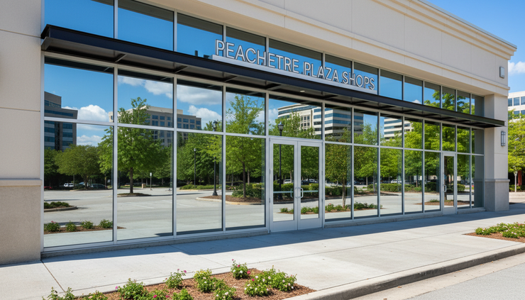 Wide-angle view of a retail storefront with reflective commercial window film in strong afternoon sun.