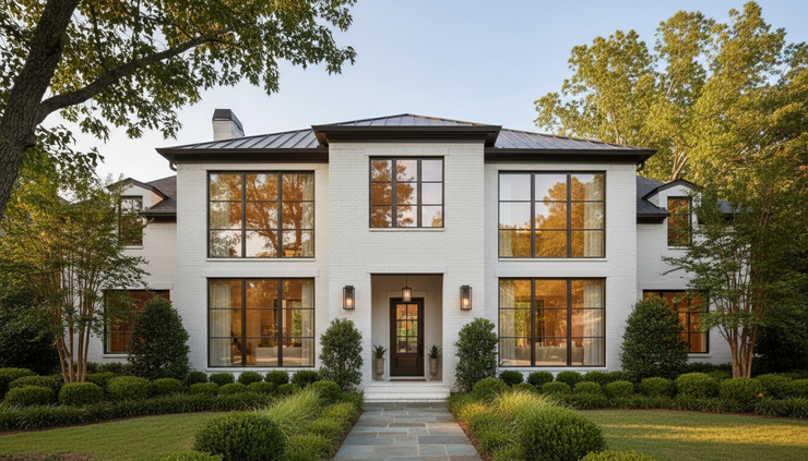 Wide-angle view of a sunlit Atlanta home with large tinted windows
