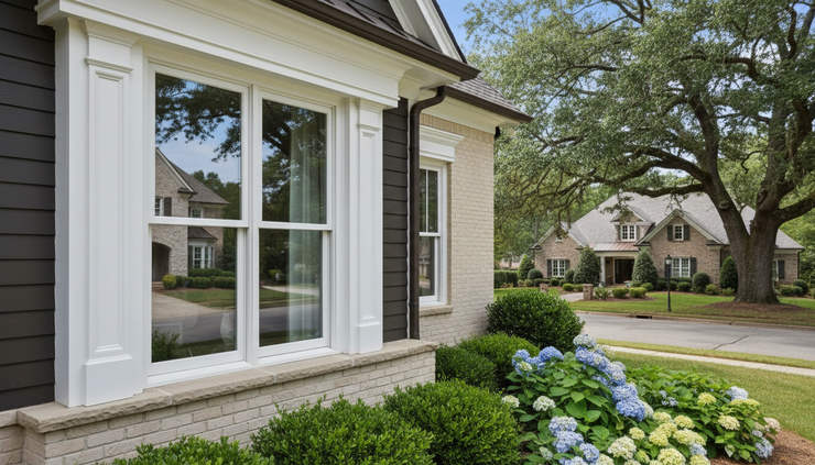 Eye-level view of a neutral tinted window on a refined residential exterior with soft reflections