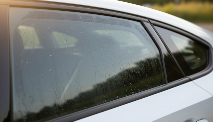 Close-up view of a tinted car window with light haze during curing