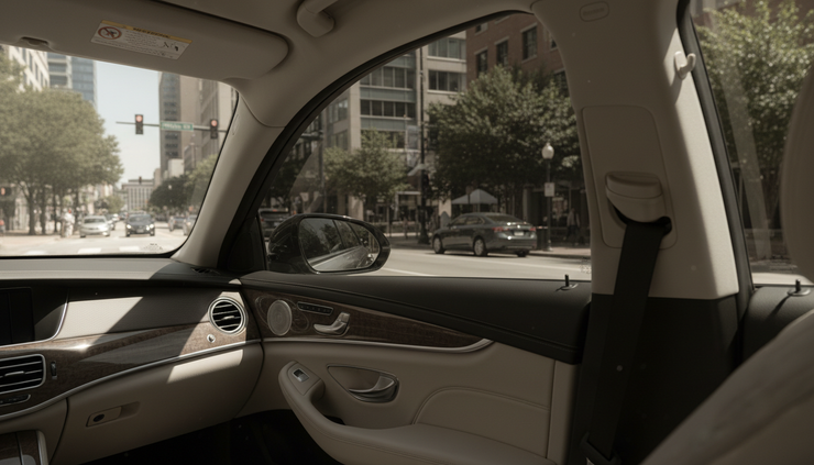 Interior view from the back seat of a sedan looking through tinted side glass on a sunny street.