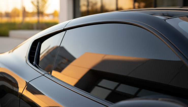 Close-up view of a carbon tinted car window reflecting afternoon sun