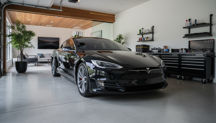 Wide-angle view of a black luxury EV parked inside a clean private garage with tinted glass