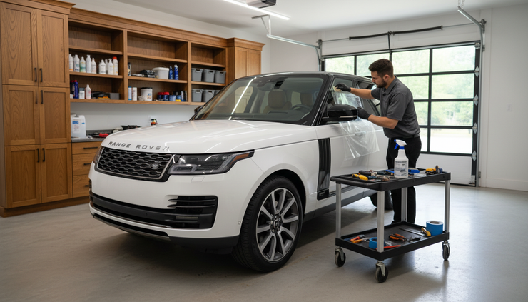 Eye-level view of a white luxury SUV receiving ceramic tint inside a residential garage