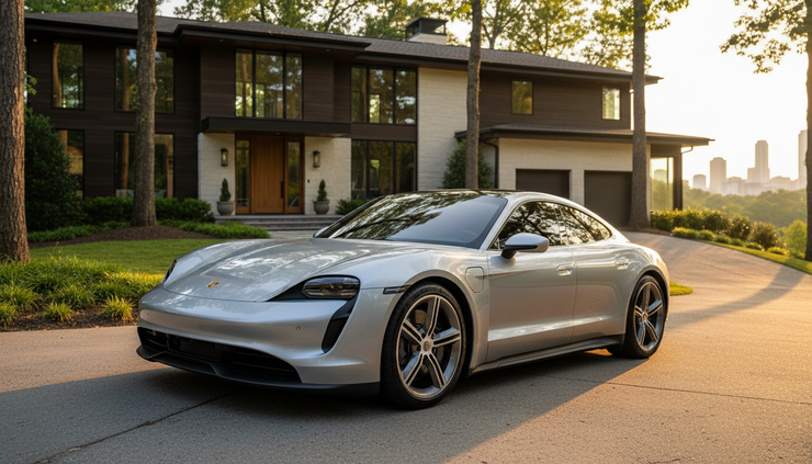 Low-angle view of a silver Porsche sedan with balanced ceramic tint parked outside a modern home