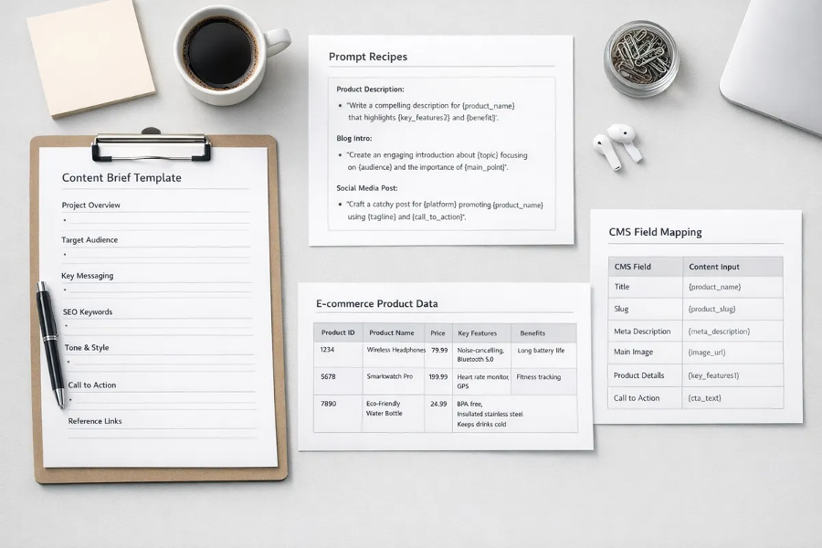 Flat-lay of a "content OS": editable brief template, prompt recipes with variables in curly braces, CSV of product facts, and a CMS field map; neutral brand colors, crisp lighting, 