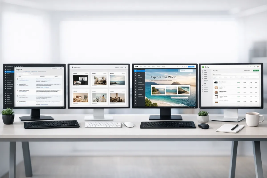 Side-by-side desk setups: WordPress with plugin panel, Squarespace template gallery, Wix drag-and-drop editor, Shopify product catalog screen