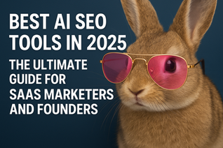 Realistic rabbit wearing pink sunglasses next to the text 'Best AI SEO Tools in 2025: The Ultimate Guide for SaaS Marketers and Founders' on a blue background