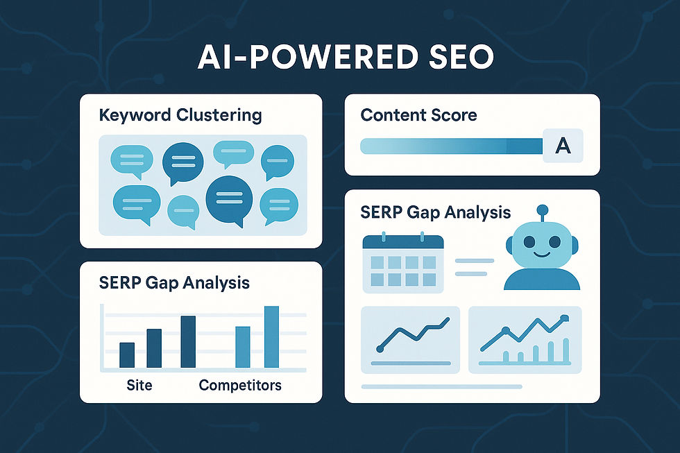 AI-powered SEO tools interface with keyword clustering, content scoring, SERP analysis, and workflow automation features
