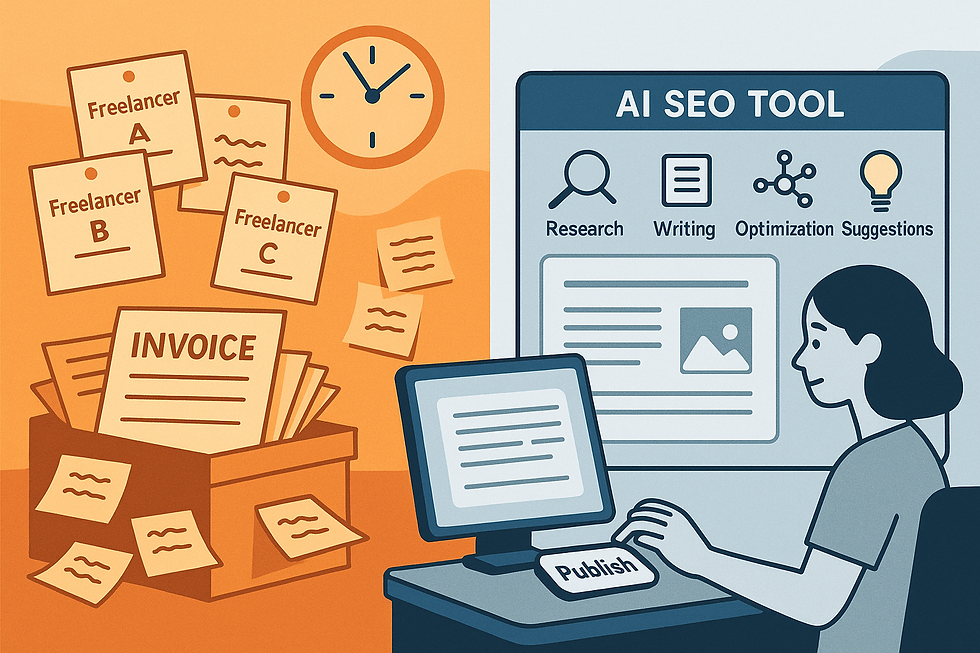 AI SEO tools simplifying content creation compared to chaotic freelancer management
