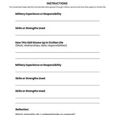 Translating Military Experience to Civilian Strengths, Counseling Tool, Social Work Tool, Mental Health Worksheet, Military Transition