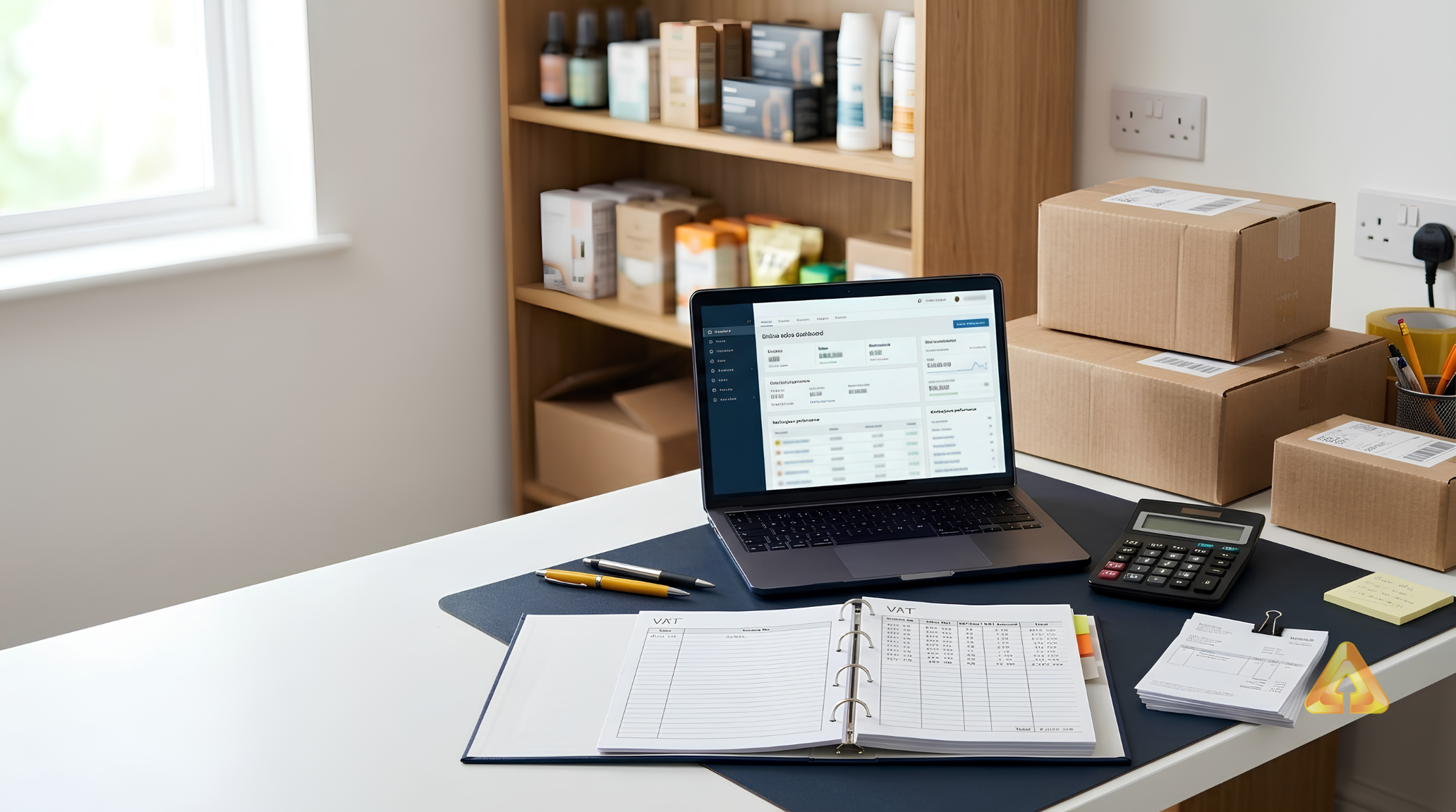 Accountant reviewing VAT returns, e-commerce sales reports and financial records for a UK business
