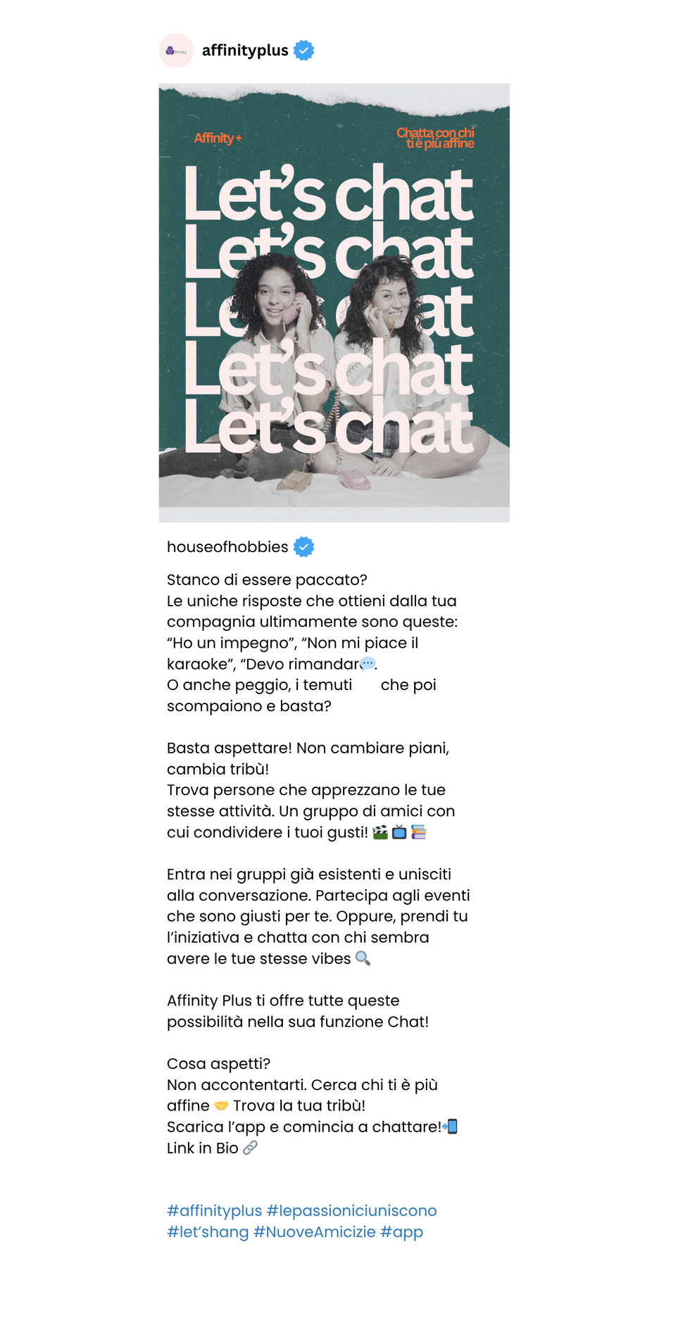 IG Post Affinity - Presentazione Chat grup e private