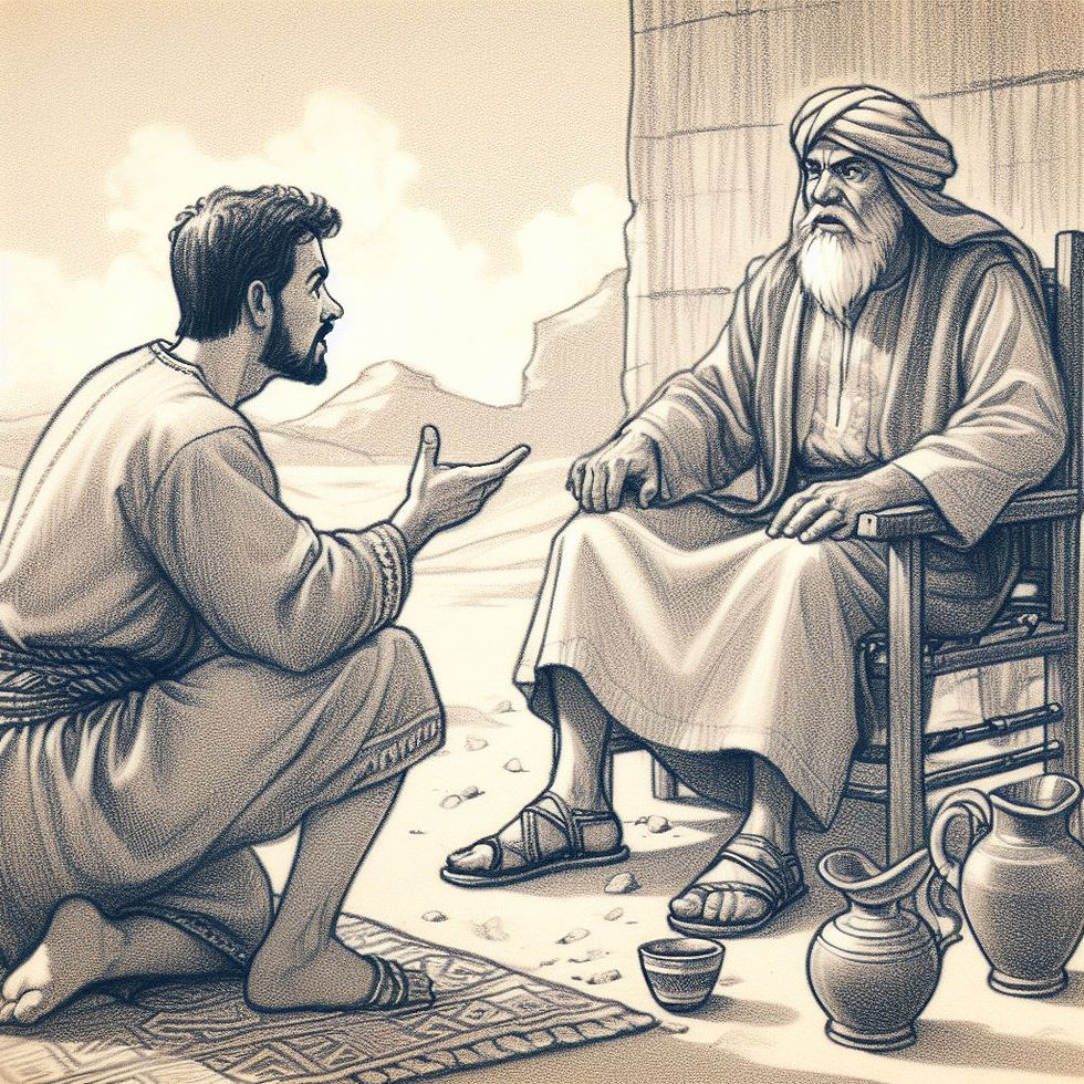 a depiction of Jacob and Laban, having a heated discussion