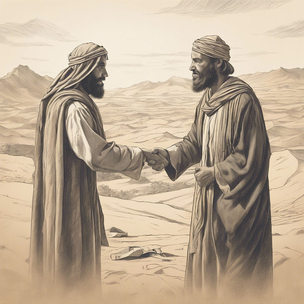 a depiction of 2 men shaking hands in agreement