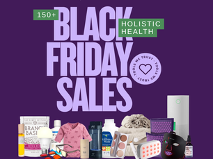 Purple background with “Black Friday Sales” text. Images of health and beauty products are displayed. Emphasizes holistic health.