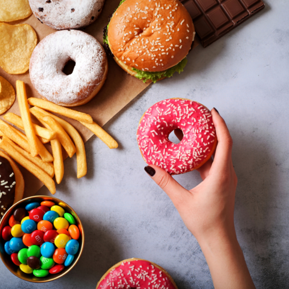 A hand holds a pink donut with sprinkles above a table with fries, chips, two burgers, a bowl of colorful candies, and chocolate.
