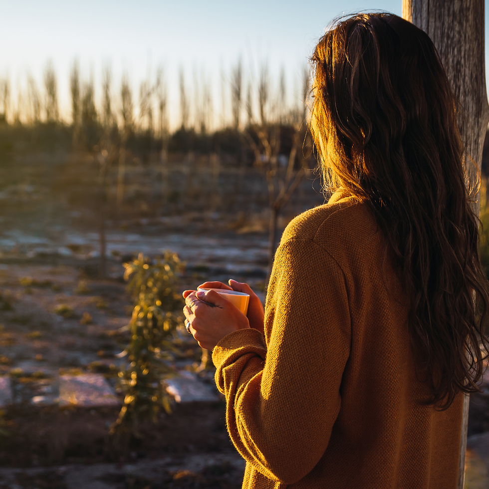 Woman in a mustard sweater holds a cup, gazing at a sunlit landscape with bare trees. Warm, serene ambiance.