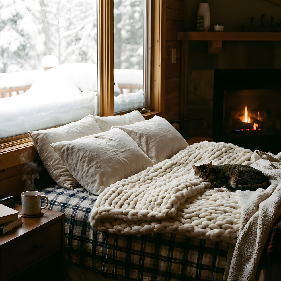 Cozy cabin bedroom with a cat on a chunky knit blanket, beside a window showing snowy outdoors. A fireplace and steaming mug add warmth.