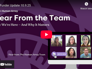 Purple background with white text: Hear From the Team. Video call with five women on a screen. "Watch Now" button. Mood: Informative.