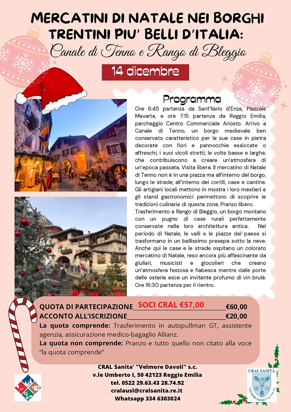 Polisportiva cral sanità di Reggio Emilia: gita 14 dicembre 2025 mercatini di Natale nei borghi Trentini, Canale di Tenno e Rango di Bleggio