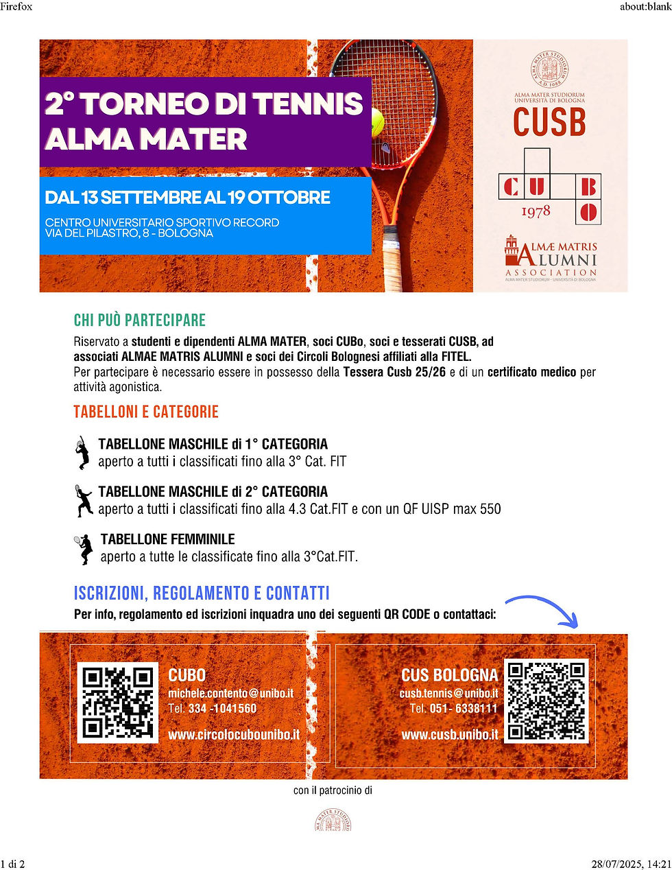 Circolo Università di Bologna Aps: 2° torneo di tennis Alma Mater dal 13 settembre al 19 ottobre 2025