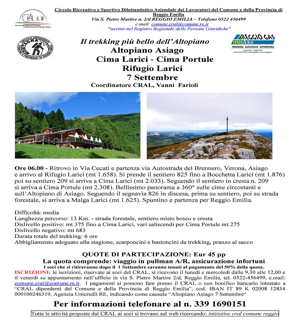 Cral Comune e Provincia di Reggio Emilia Aps: 7 settembre trekking altopiano Asiago Cima Larici - Cima Portule