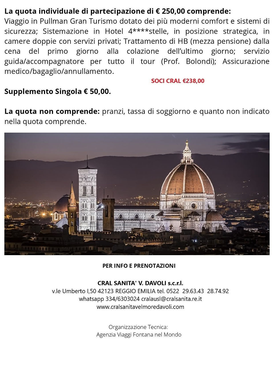 Cral Sanità Reggio Emilia: dal 26 al 27 luglio Firenze di notte