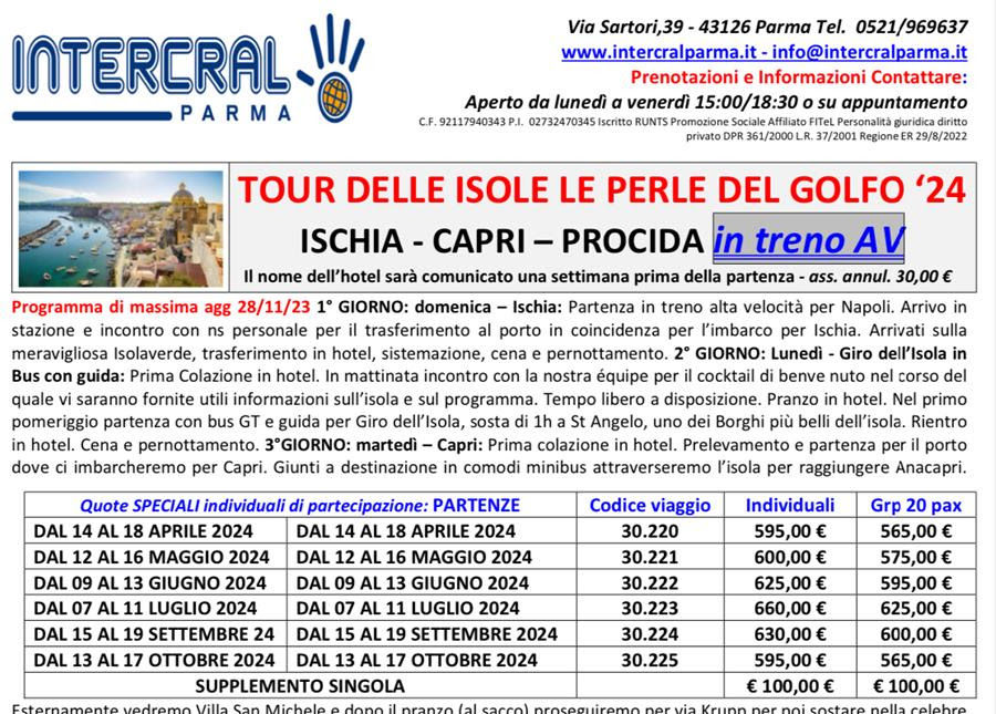 Intercral Parma: tour delle isole Ischia, Capri e Procida. Partenze da aprile a ottobre