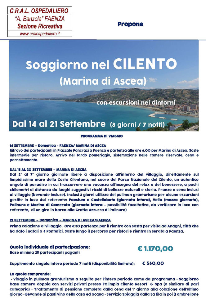 Cral Ospedaliero di Faenza: soggiorno a Marina di Ascea nel Cilento dal 14 al 21 settembre 2025