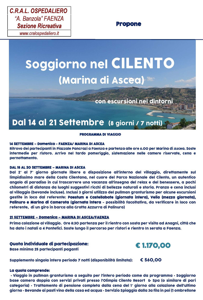 Cral Ospedaliero di Faenza: soggiorno a Marina di Ascea nel Cilento dal 14 al 21 settembre 2025
