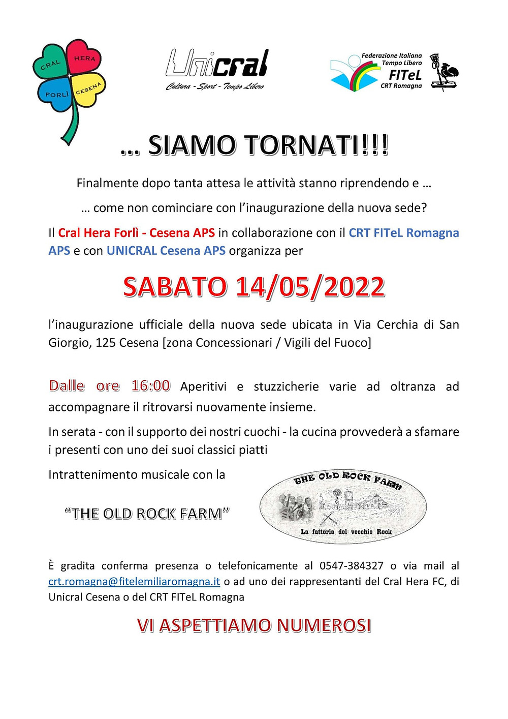 SABATO 14 MAGGIO 2022: INAUGURAZIONE NUOVA SEDE CRAL HERA FORLÌ - CESENA APS