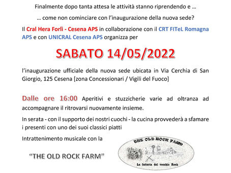 SABATO 14 MAGGIO 2022: INAUGURAZIONE NUOVA SEDE CRAL HERA FORLÌ - CESENA APS